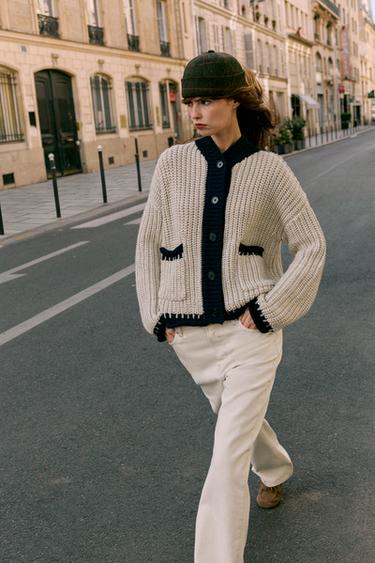 CONTRAST TRIM CARDIGAN — Light camel 2