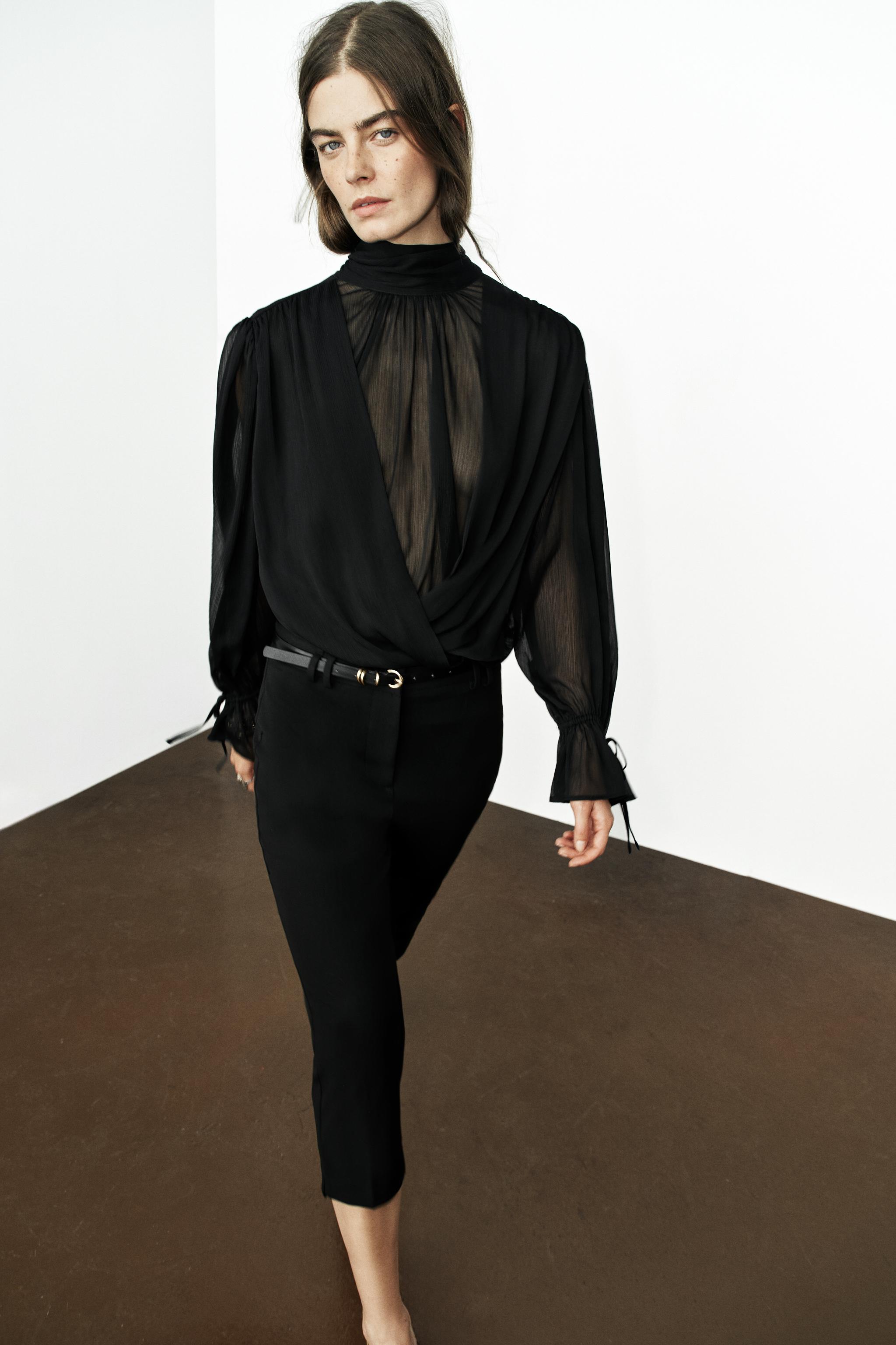 DRAPED BACK-TIE BODYSUIT — Black