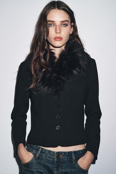ZW COLLECTION FITTED FAUX FUR COLLAR JACKET - Black by Zara