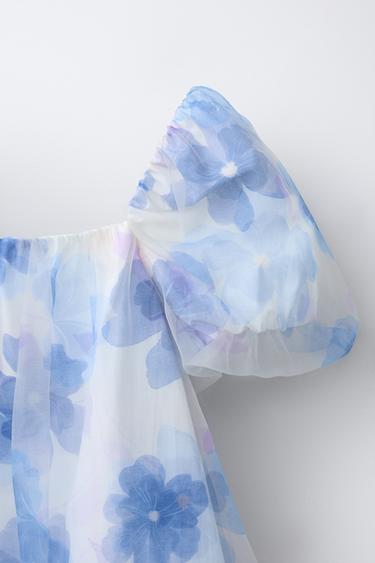 FLORAL PRINT ORGANZA DRESS - Ecru / Blue by Zara - Image 3
