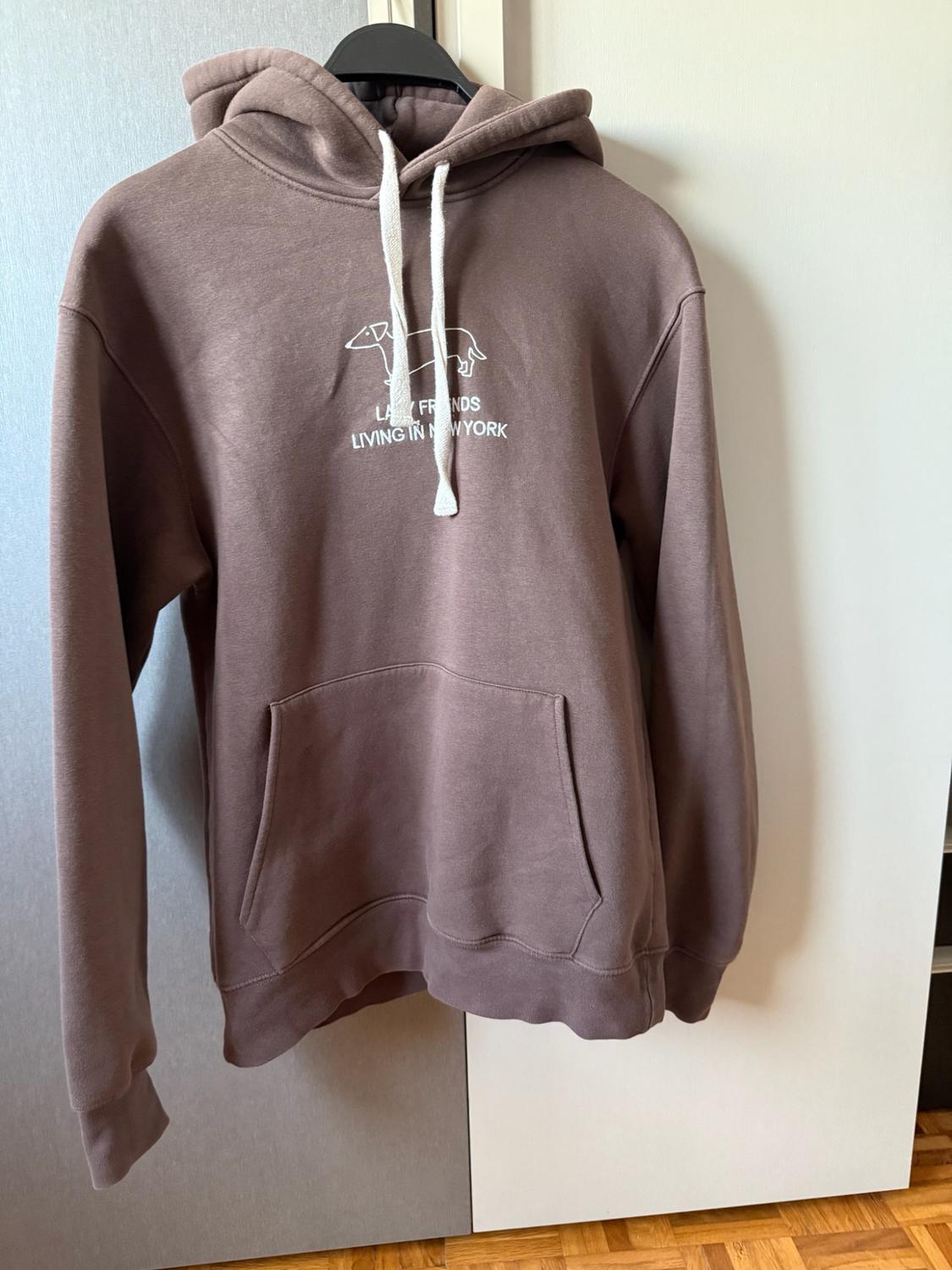 Brown hooded sweatshirt with white drawstrings, hanging up. It features a drawing of a dog and the text LAZY FRIENDS LIVING IN NEW YORK.