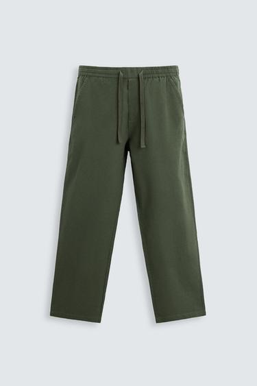 Zara COTTON LINEN RELAXED FIT PANTS - Dark khaki
