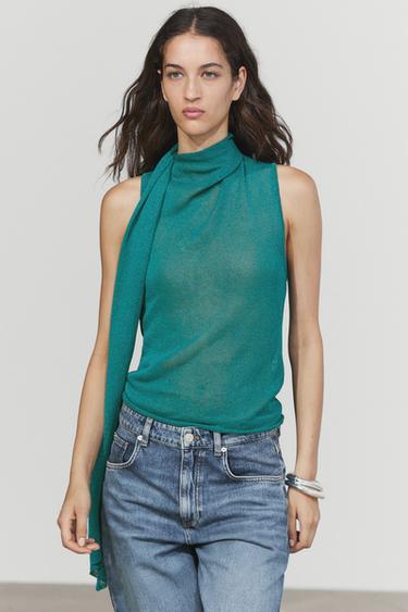 Zara High neck top with scarf detail - Turquoise