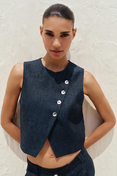 100% LINEN CROSSOVER WAISTCOAT - Indigo by Zara - Image 1