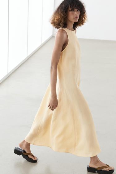 Zara Flowing linen halter midi dress - Biscuit