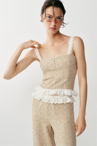 Zara COMBINATION TEXTURED TOP - Ecru / Brown