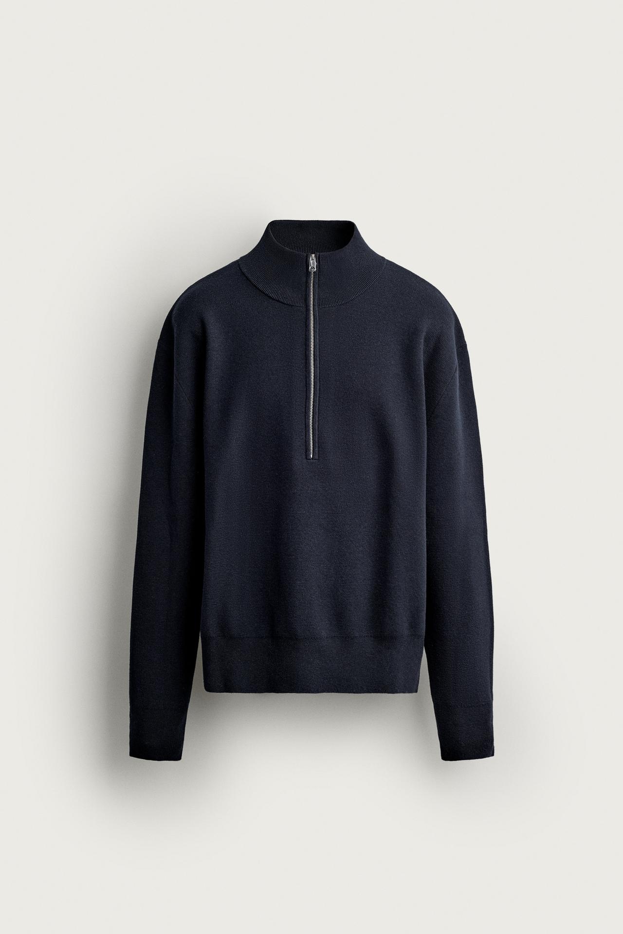 COTTON-WOOL QUARTER-ZIP SWEATER — Navy blue