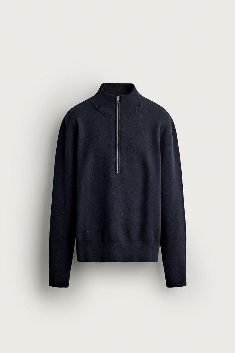 COTTON-WOOL QUARTER-ZIP SWEATER — Navy blue