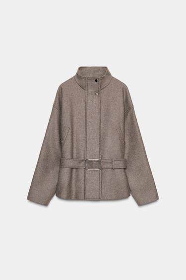 Zara SHORT WOOL COAT WITH BELT - Dark mink