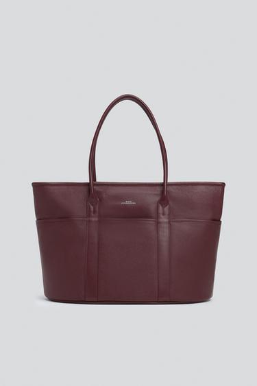 Zara LEATHER SHOPPER BAG - Burgundy Red