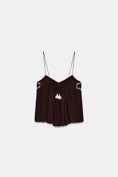 EMBROIDERED STRAPPY TOP - Brown by Zara - Image 7