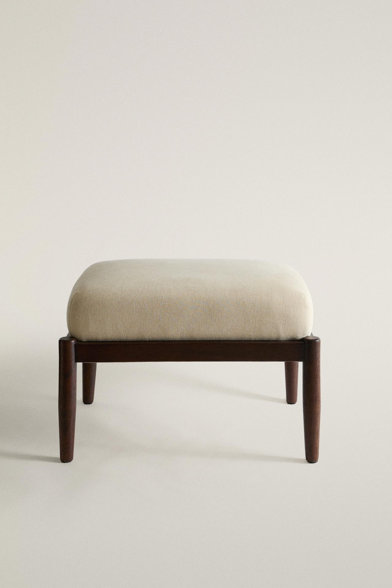 WOOD AND LINEN FOOTREST STOOL — Dark beige