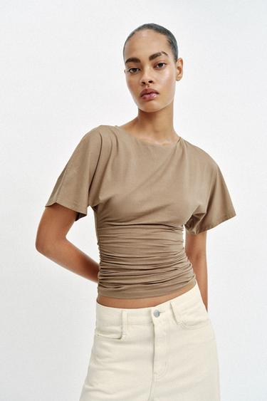 Zara SHORT SLEEVE DRAPED T-SHIRT - Mid-camel