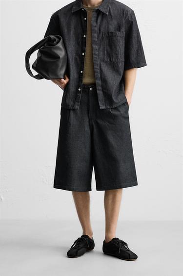 Zara PLEATED WIDE LEG BERMUDA SHORTS - Indigo