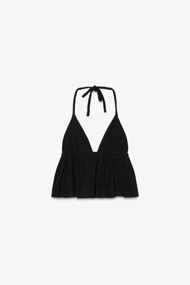 Zara HALTER CROP TOP - Black