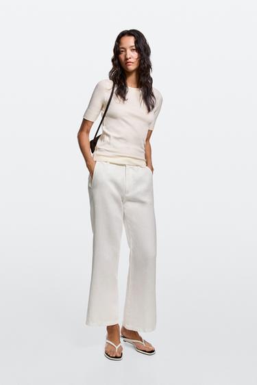 Pantalon flare cropped 100 % lin - Blanc cassé de Zara - Image 0