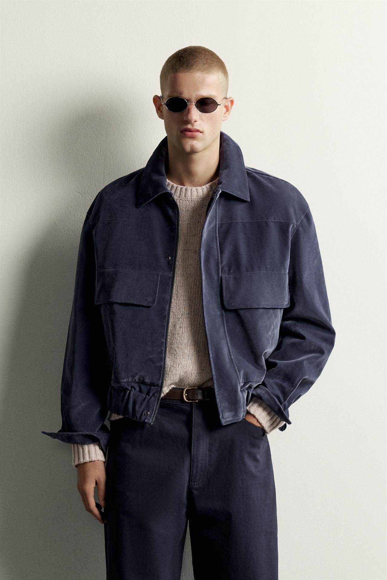 CROPPED VELOUR JACKET — Blue / Gray