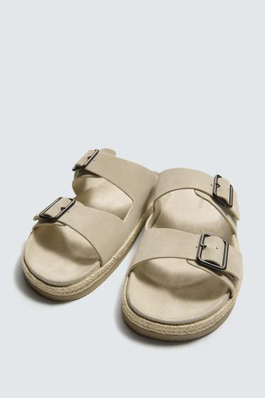 DOUBLE-STRAP LEATHER SANDALS - Taupe Grey by Zara - Image 1