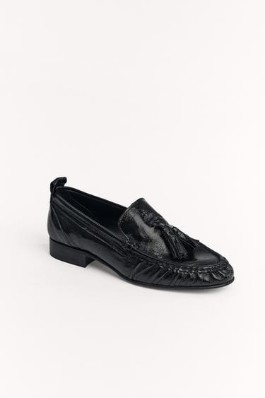 Zara GATHERED TASSEL LEATHER LOAFERS - Black