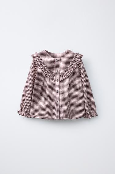 Zara PLAID RUFFLE BLOUSE - Burgundy