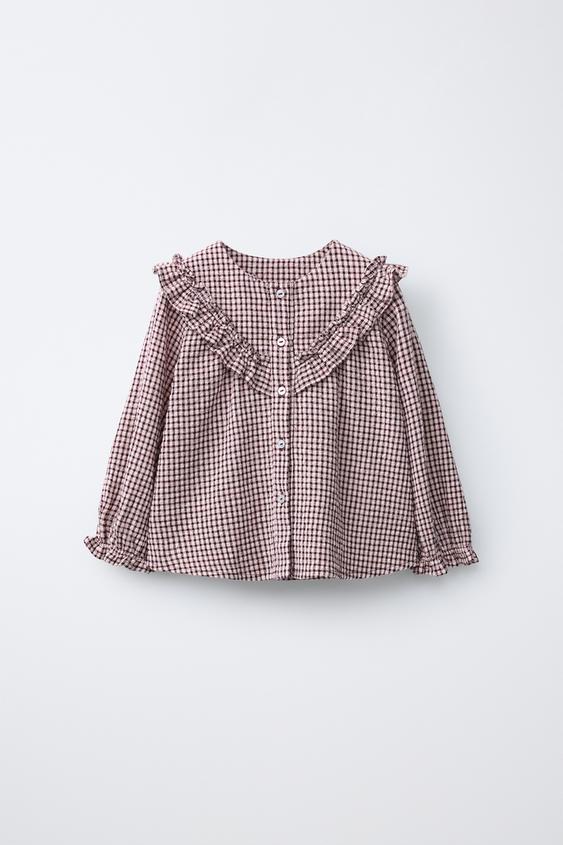 CHECK BLOUSE WITH SMALL RUFFLES - Burgundy by Zara - Image 0