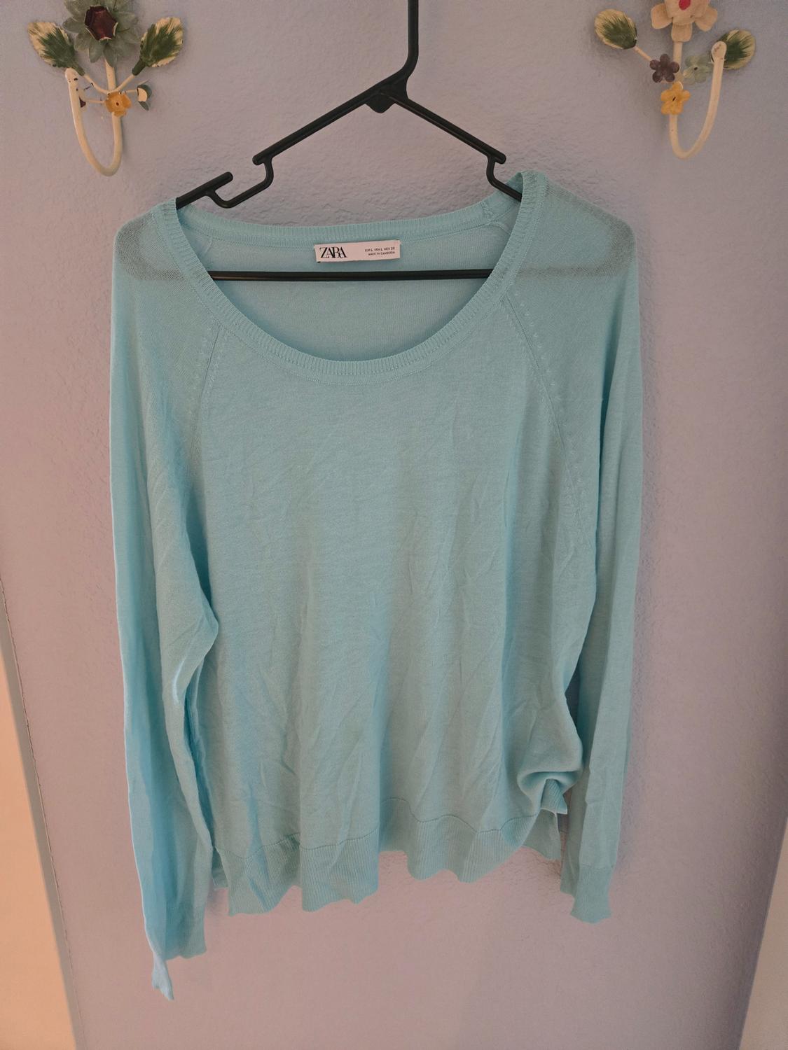 Light blue jumper hanging on a black hanger against a lilac wall, with a visible Zara label. Floral decorations on the wall.