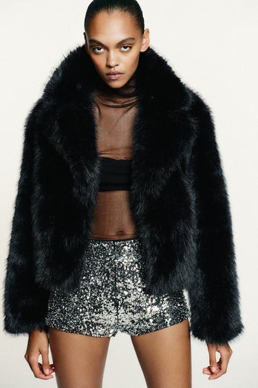 SHORT FAUX FUR COAT - Black by Zara
