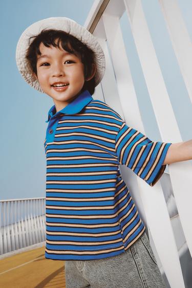 ストライプ柄タオル地風ポロシャツ濃青Zaraのストライプ柄タオル地風ポロシャツ - 濃青 