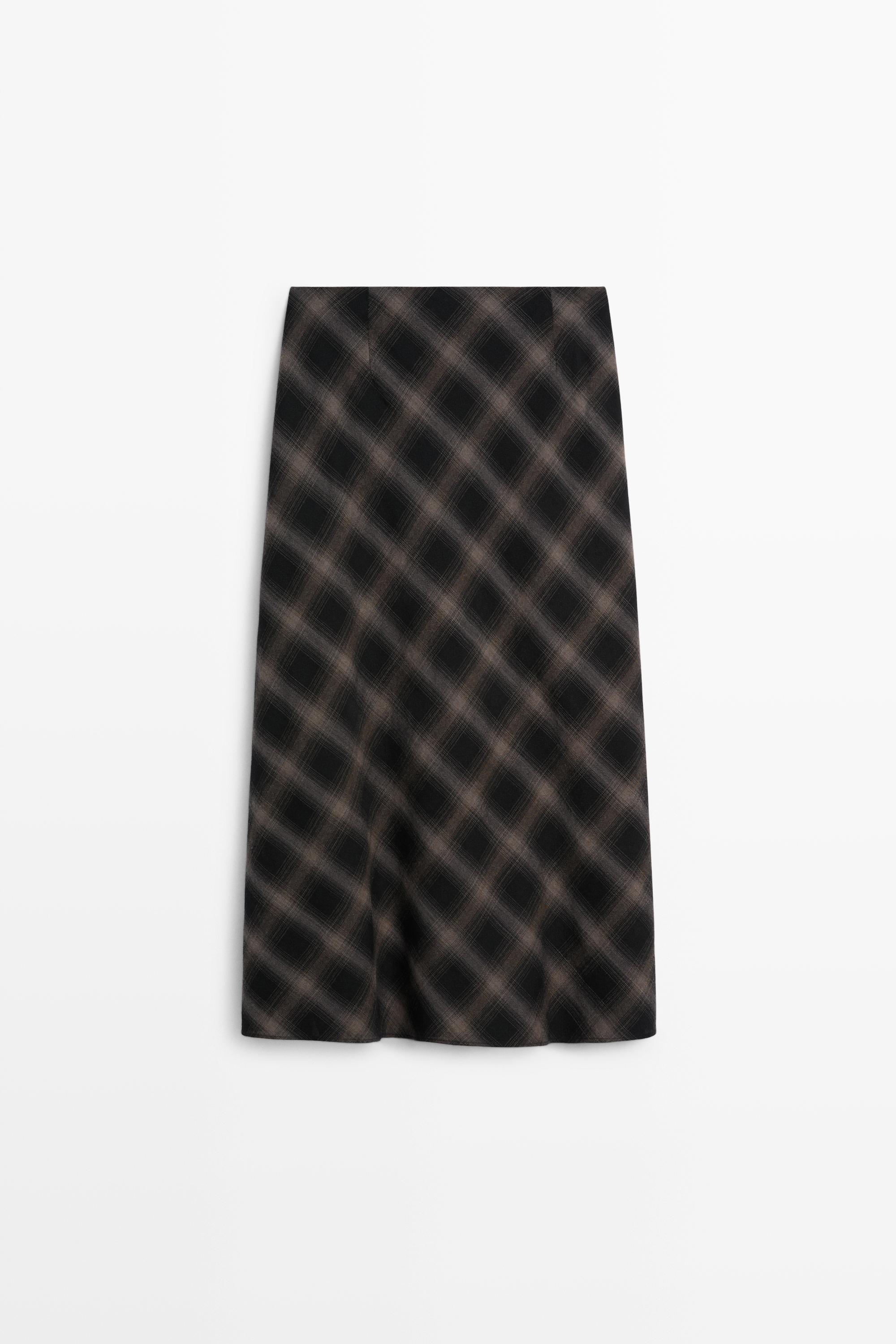 Wool-cotton blend check midi skirt with split