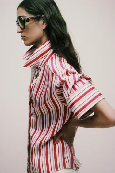 CHEMISE À RAYURES À MANCHES RETROUSSÉES - Rouge / Blanc de Zara - Image 5