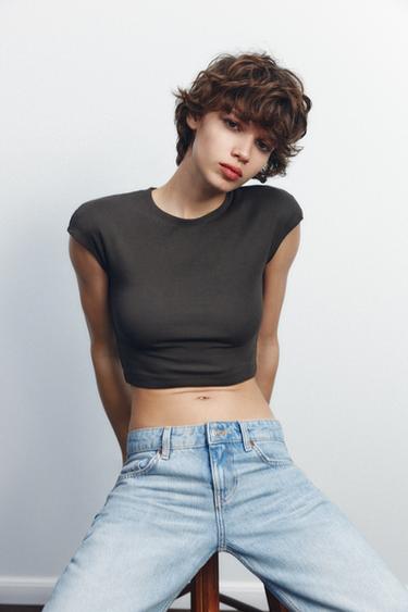 Zara COTTON MODAL CROP T-SHIRT - Dark brown