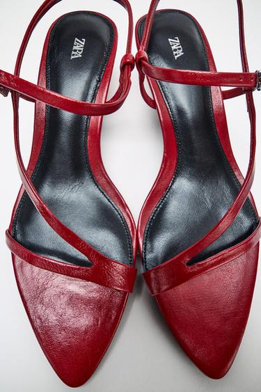 LEATHER KITTEN-HEEL SANDALS - Red by Zara