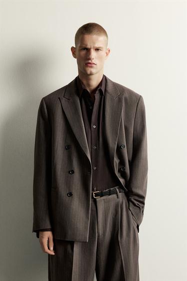 PINSTRIPE DOUBLE-BREASTED SUIT BLAZER — Brown 2