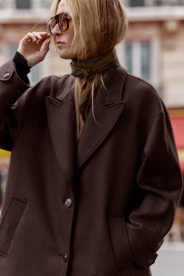 COAT WITH COMBINED LEATHER EFFECT COLLAR - Brown by Zara - Image 3