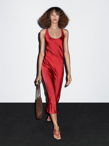 Vestido largo satinado escote redondo - Rojo de Zara - Imagen 0