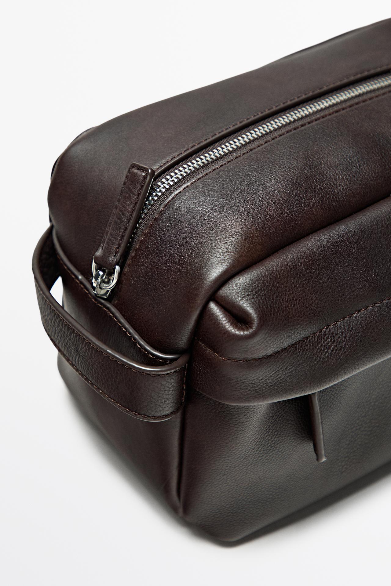 Large nappa leather toiletry bag — Brown