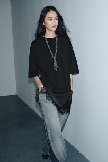 Zara 拼接蕾絲 T 恤 - 黑色