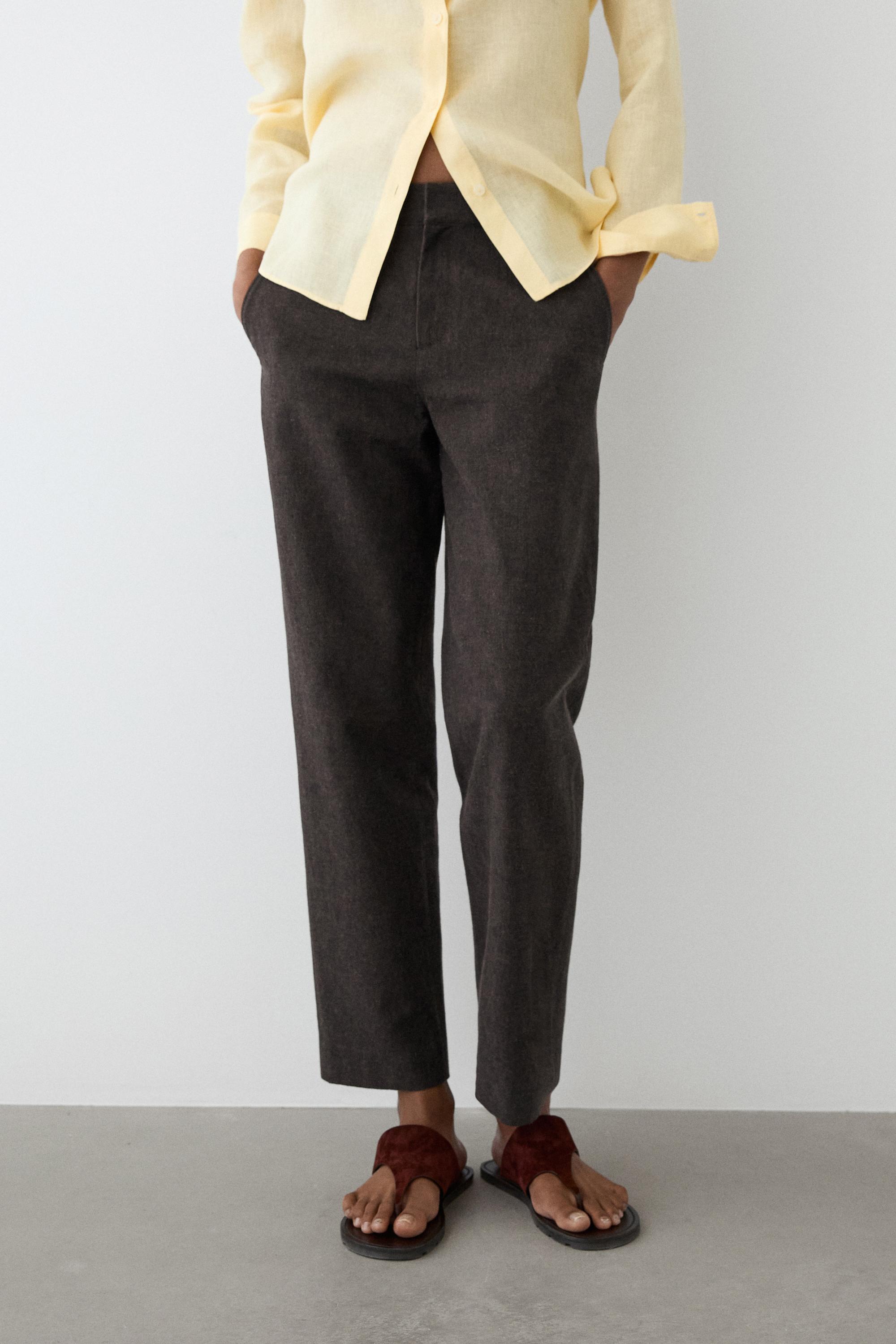 Slim fit linen blend trousers — Brown marl