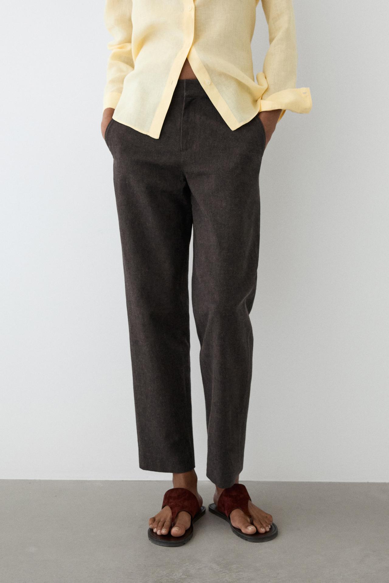 Slim fit linen blend trousers — Brown marl
