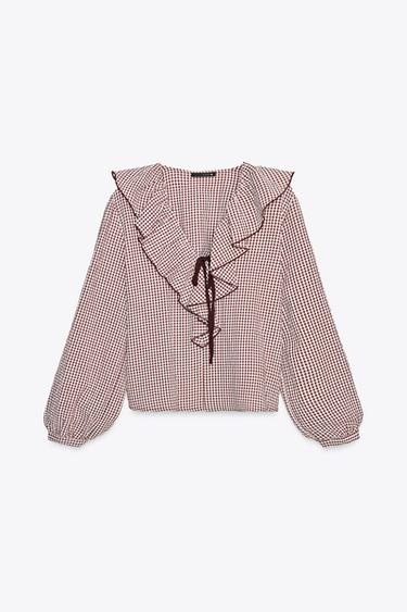 BLOUSE À CARREAUX VICHY ET VOLANTS - bordeaux/écru de Zara - Image 3