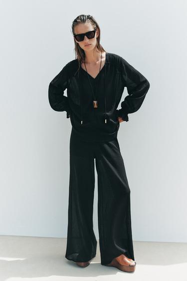 SEMI-SHEER WIDE-LEG TROUSERS - Black by Zara
