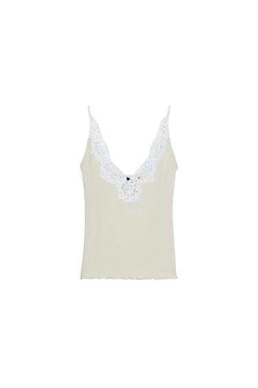 RIB KNIT LACE TOP - Light khaki by Zara