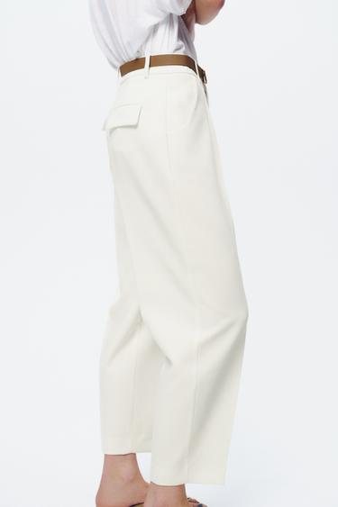PANTALON À PINCES ET CEINTURE - Blanc cassé de Zara - Image 3