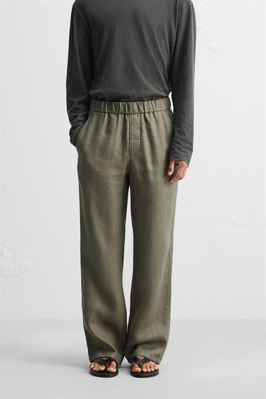 PANTALON 100 % LIN - Kaki foncé de Zara