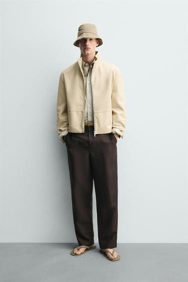 Zara LEATHER ZIP-UP JACKET - Ecru - Image 0