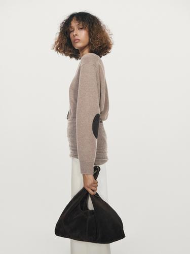 Zara V-neck knit sweater with elbow patches - Mink