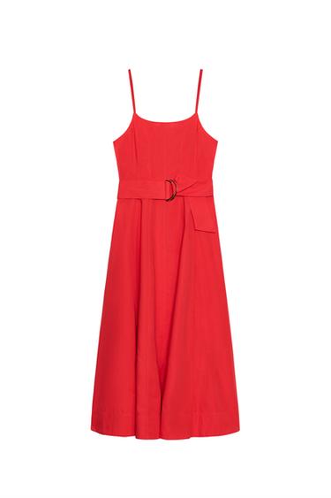 فستان ميدي بوبلين بحزام - أحمر الخاص بـ Zara