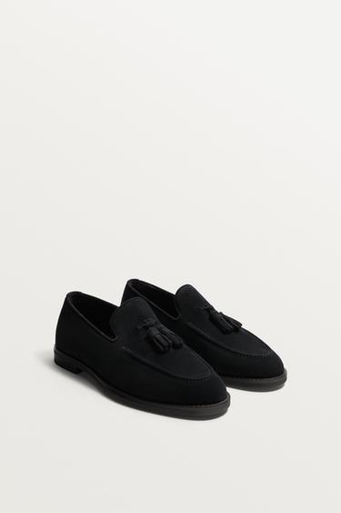 LEATHER LOAFERS WITH TASSELS - Blue by Zara