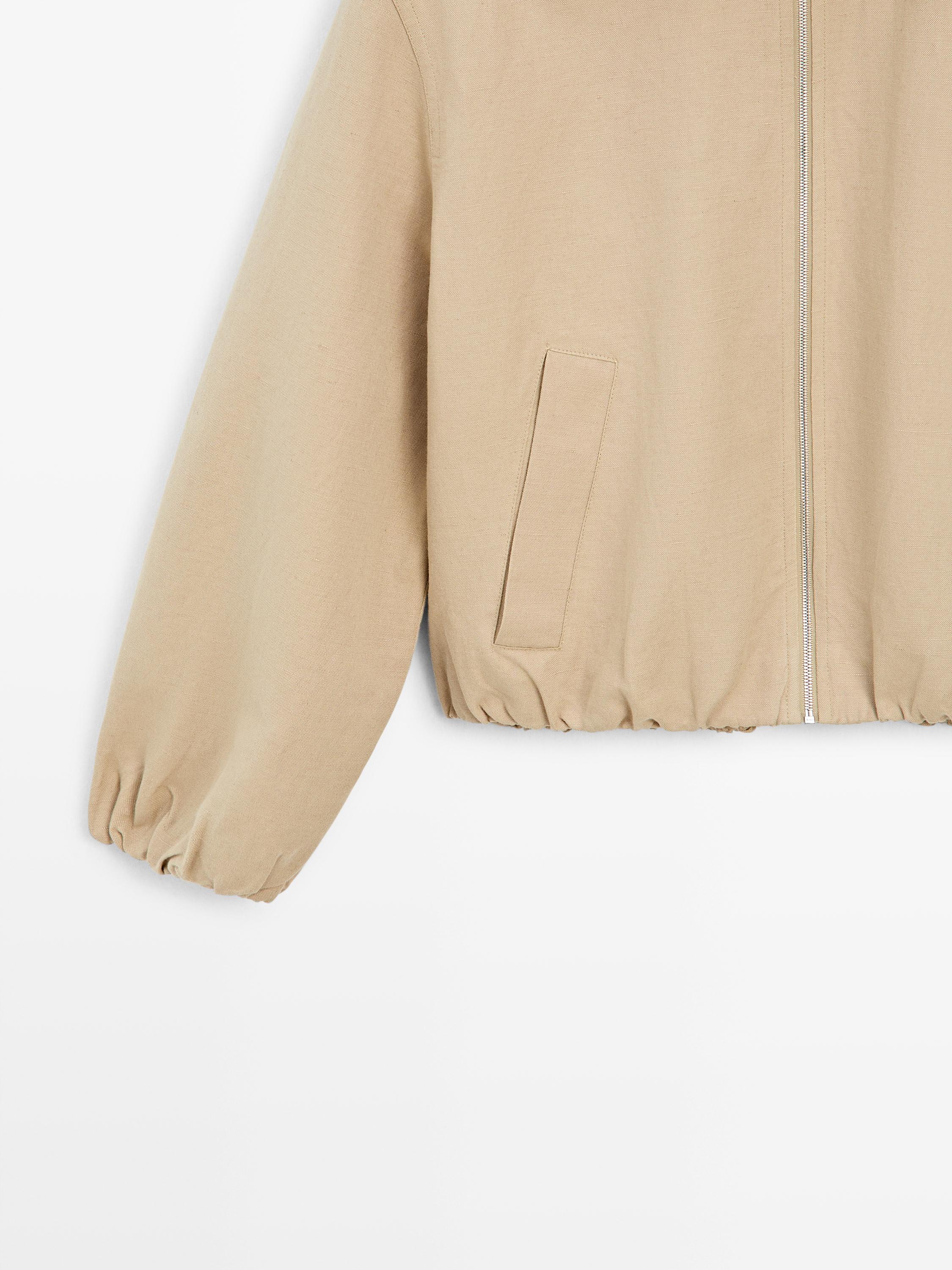 Veste courte à col contrastant en cuir finition daim