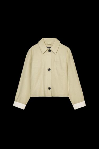 LINEN BLEND CROPPED JACKET - Khaki by Zara - Image 0